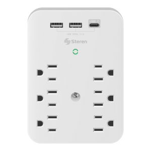 Clavija adaptadora de 6 toma corrientes polarizados y triple cargador USB