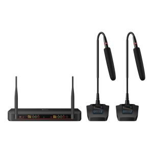Sistema de 2 micrófonos inalámbricos UHF con selector automático de frecuencia, batería recargable y cuello flexible