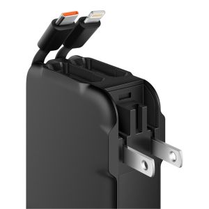 Cargador USB con Power Bank de 5,000 mAh, PD 20 W con 1 salida USB C, cables integrados USB C y Lightning* y clavija abatible